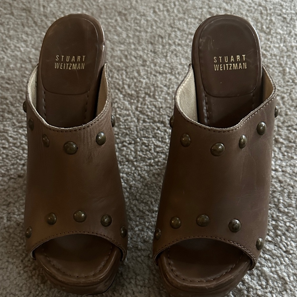 Stuart Weitzman Brown Studded Mules